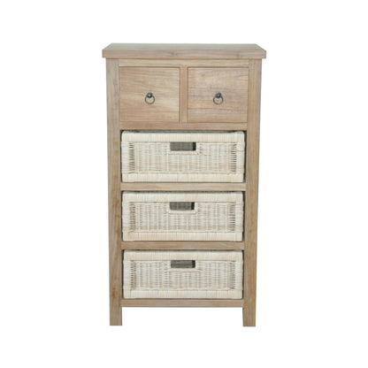 Wooden cabinet with wicker baskets on a white background