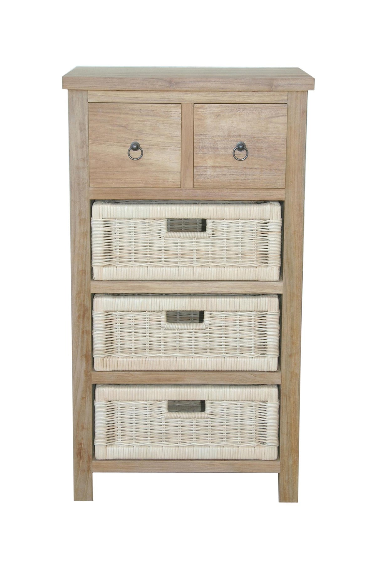 Wooden cabinet with wicker baskets on a white background