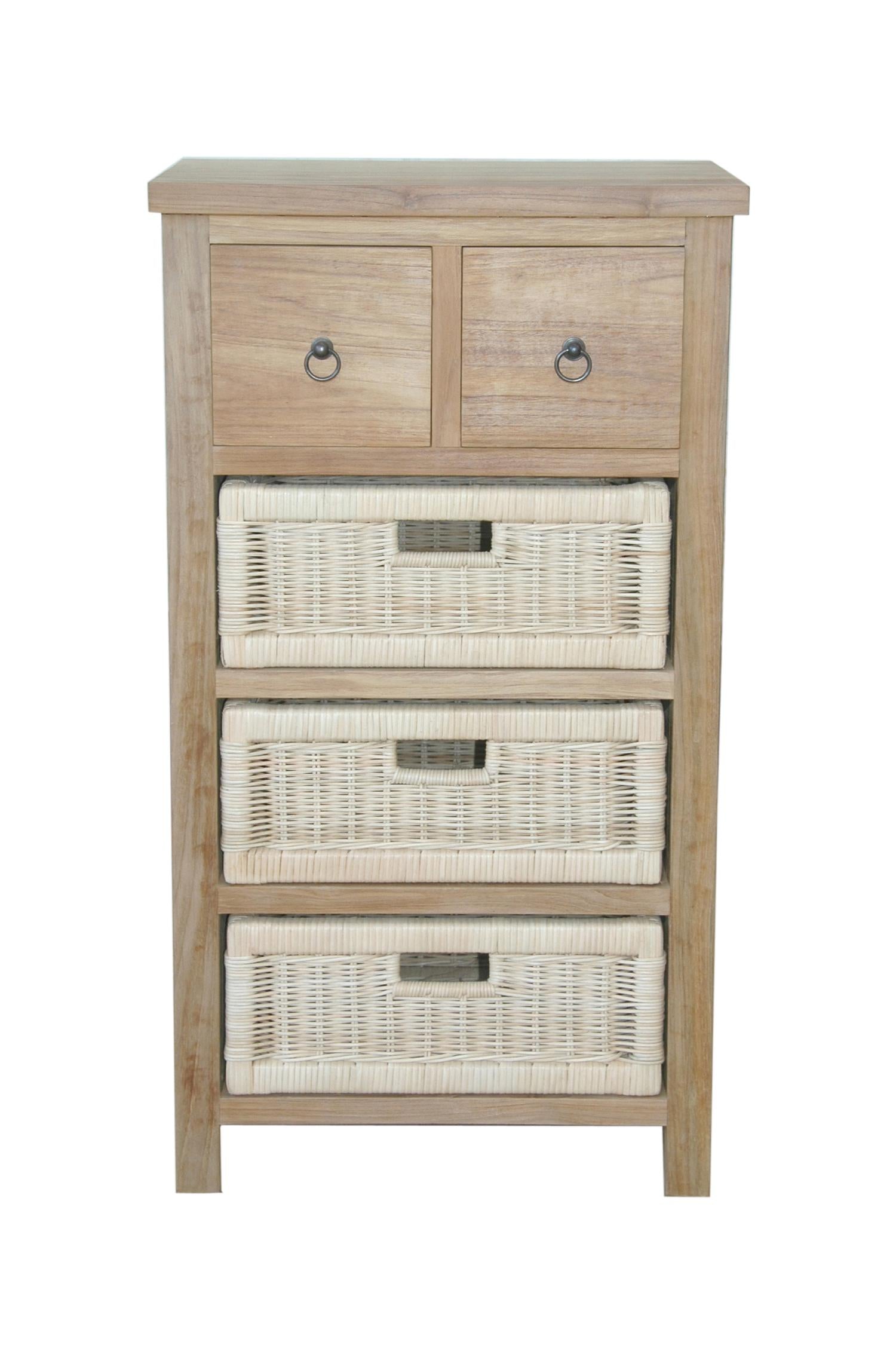 Wooden cabinet with wicker baskets on a white background
