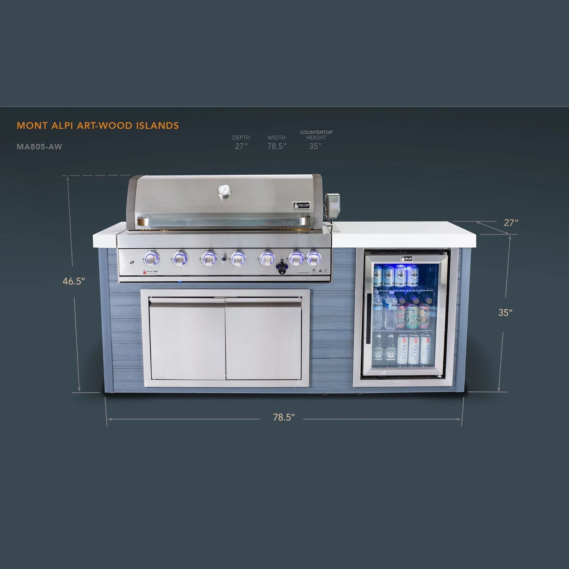 Mont Alpi MA805-AWSS artwood island dimensions diagram 78.5x27x46.5 stainless steel