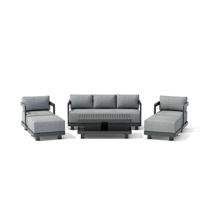 Gray outdoor furniture set with a table on a white background