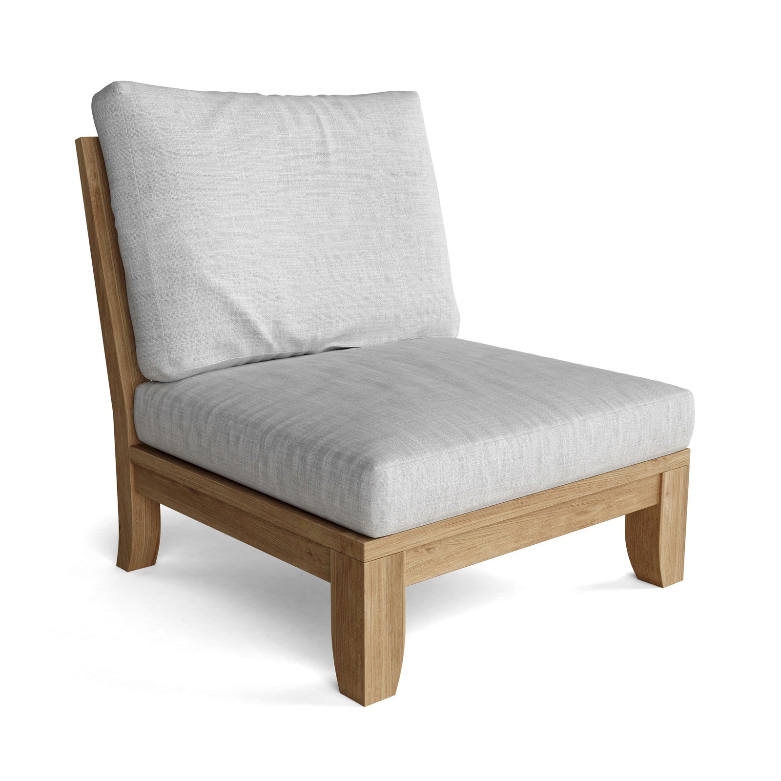 Wooden chair with gray cushions on a white background