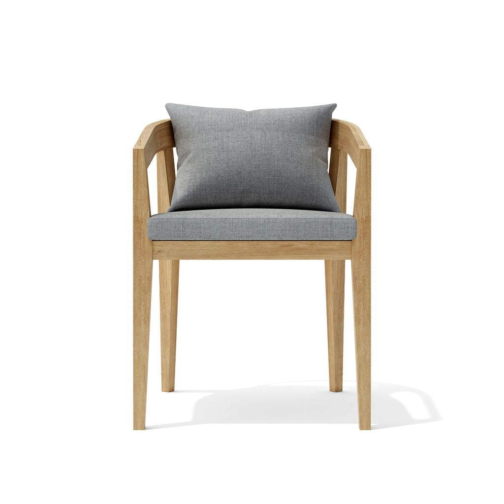 Chair with wooden frame and gray cushion on a white background