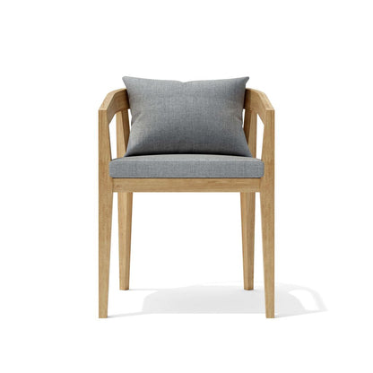 Chair with wooden frame and gray cushion on a white background