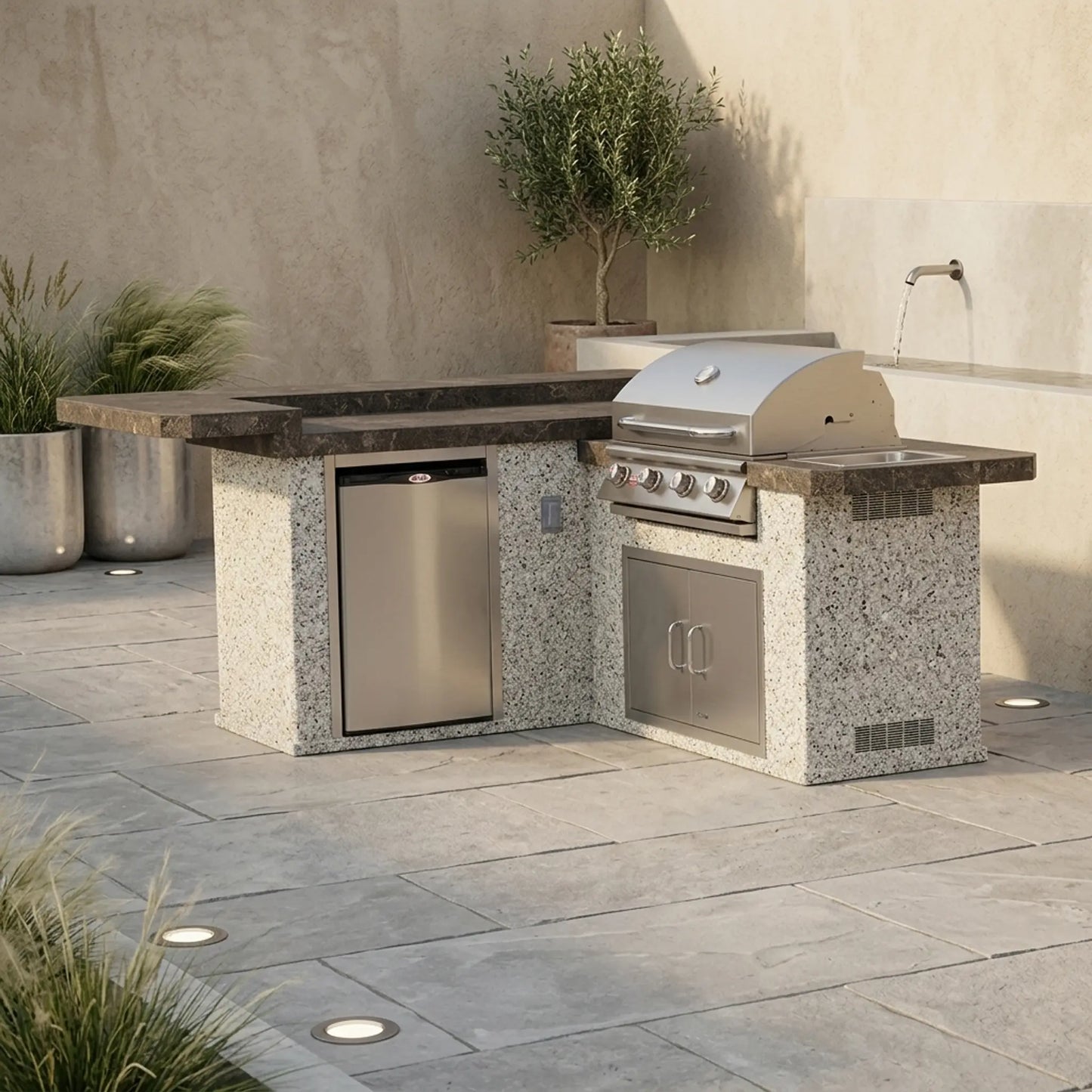 Bull Jr. Gourmet Q 8 Ft L-Shaped BBQ Island - Porcelain Basalt, Stucco Champagne Gray finish
