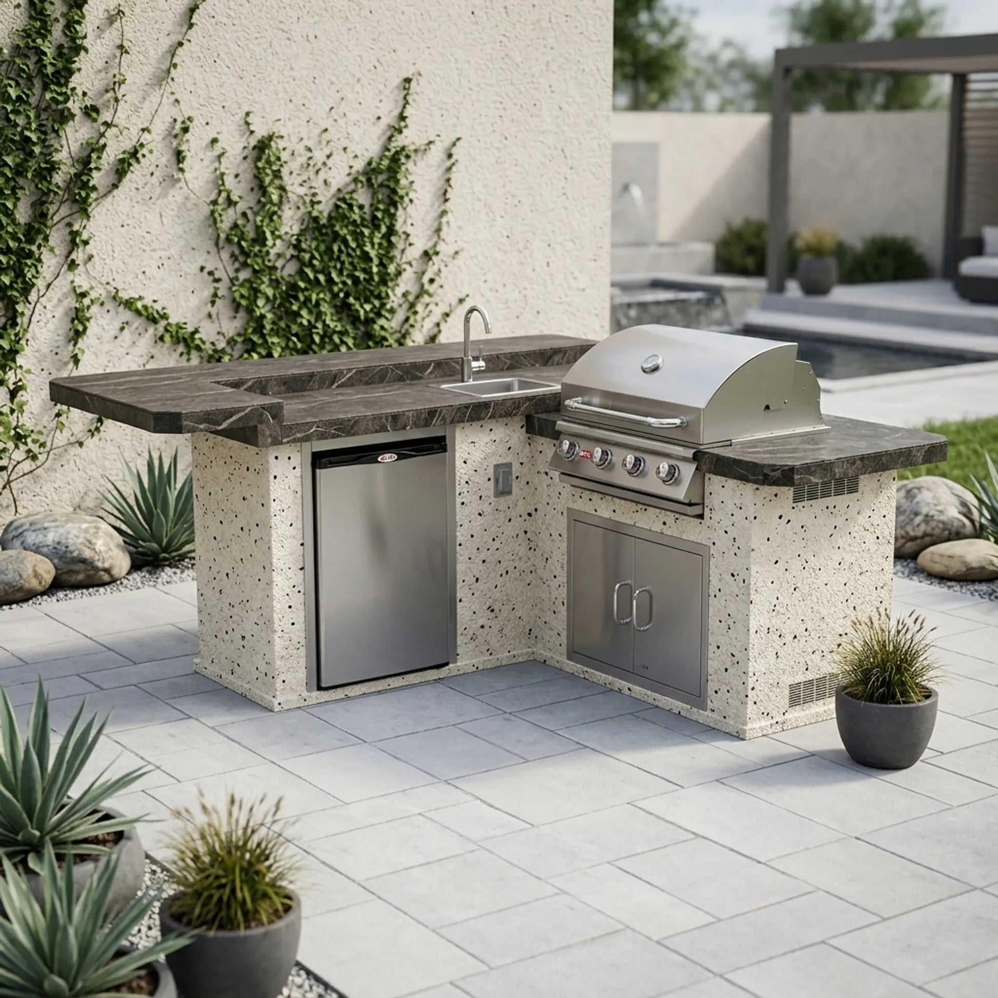 Bull Jr. Gourmet Q 8 Ft L-Shaped BBQ Island - Porcelain Basalt, Stucco Pearl Haze finish