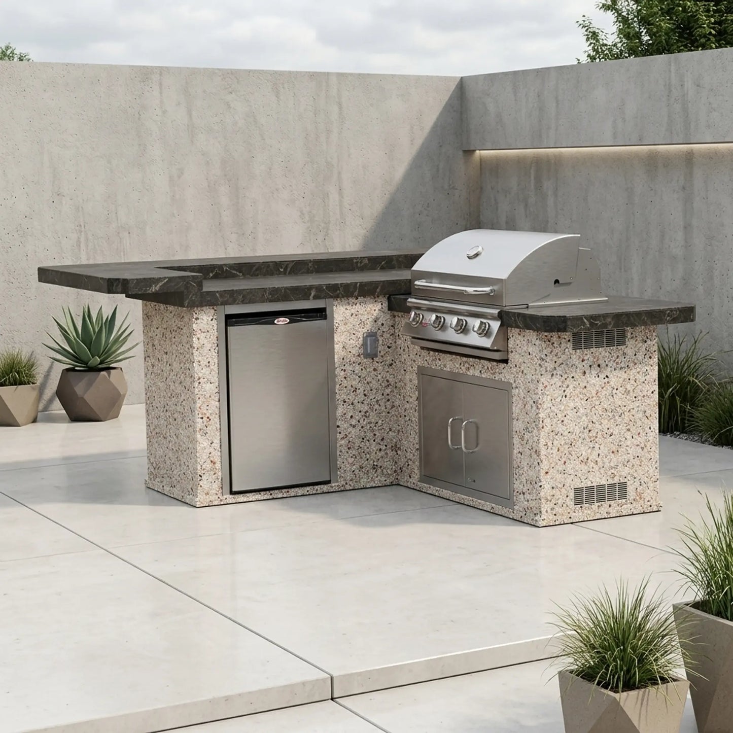 Bull Jr. Gourmet Q 8 Ft L-Shaped BBQ Island - Porcelain Basalt, Stucco River Rock finish