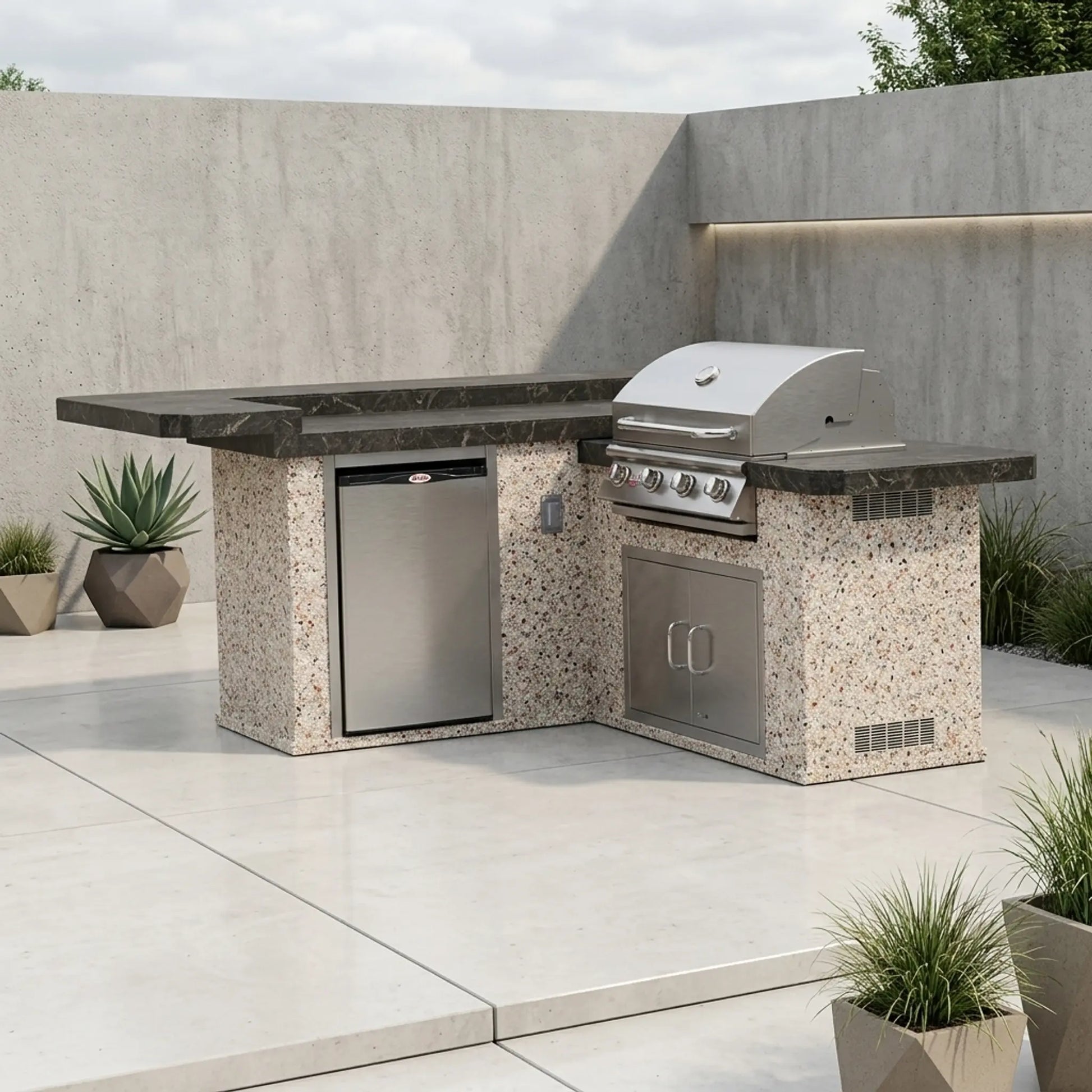 Bull Jr. Gourmet Q 8 Ft L-Shaped BBQ Island - Porcelain Basalt, Stucco River Rock finish