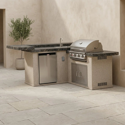 Bull Jr. Gourmet Q 8 Ft L-Shaped BBQ Island - Porcelain Basalt, Stucco Stony Creek finish