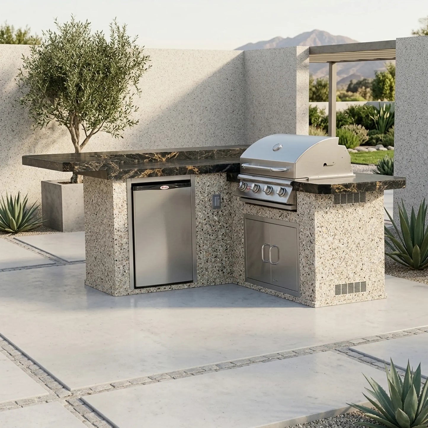Bull Jr. Gourmet Q 8 Ft L-Shaped BBQ Island - Porcelain Basalt, Stucco Whites Ash finish