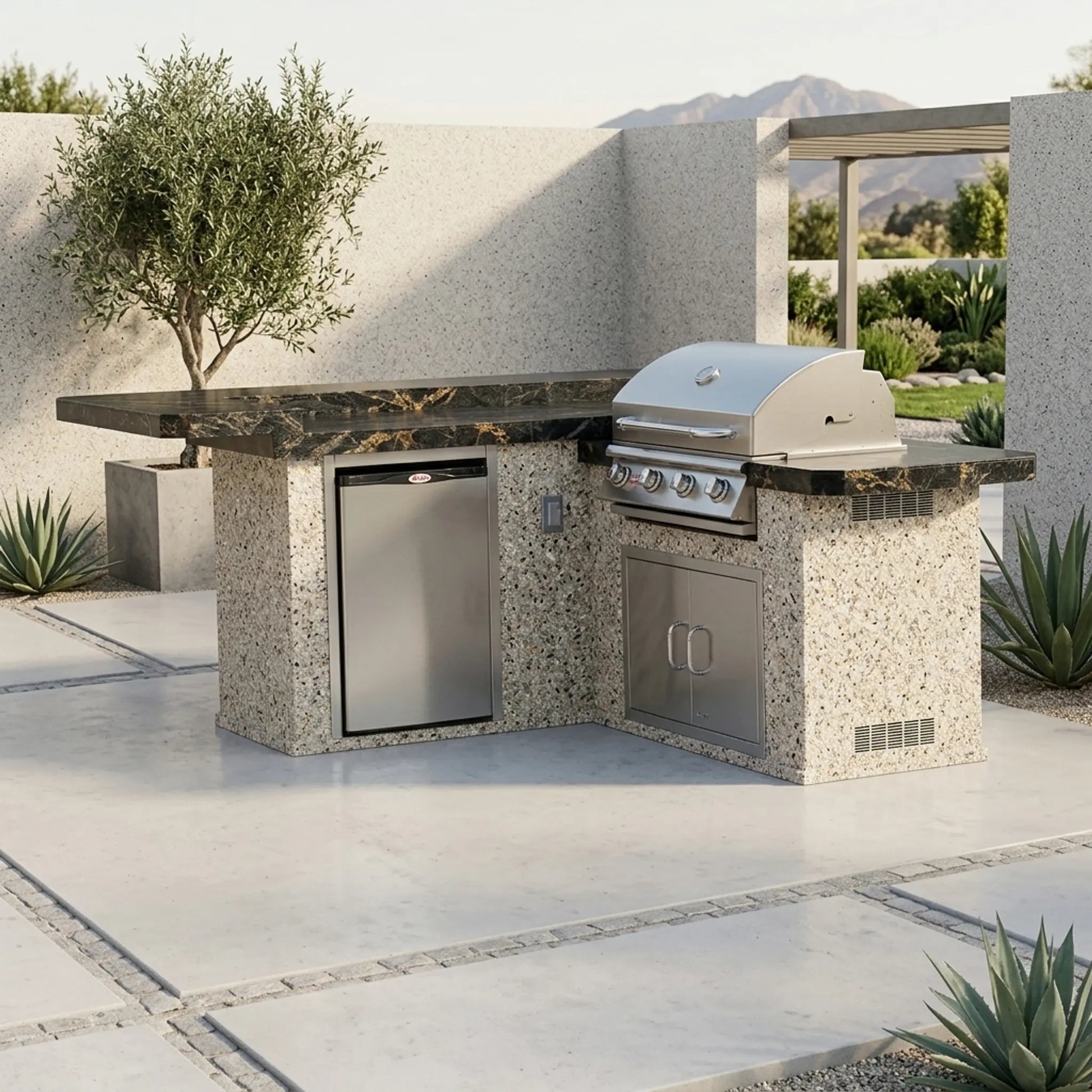 Bull Jr. Gourmet Q 8 Ft L-Shaped BBQ Island - Porcelain Basalt, Stucco Whites Ash finish