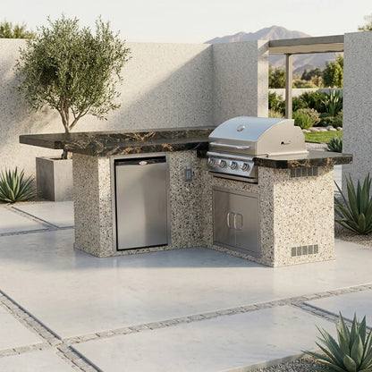 Bull Jr. Gourmet Q 8 Ft L-Shaped BBQ Island - Porcelain Basalt, Stucco Whites Ash finish