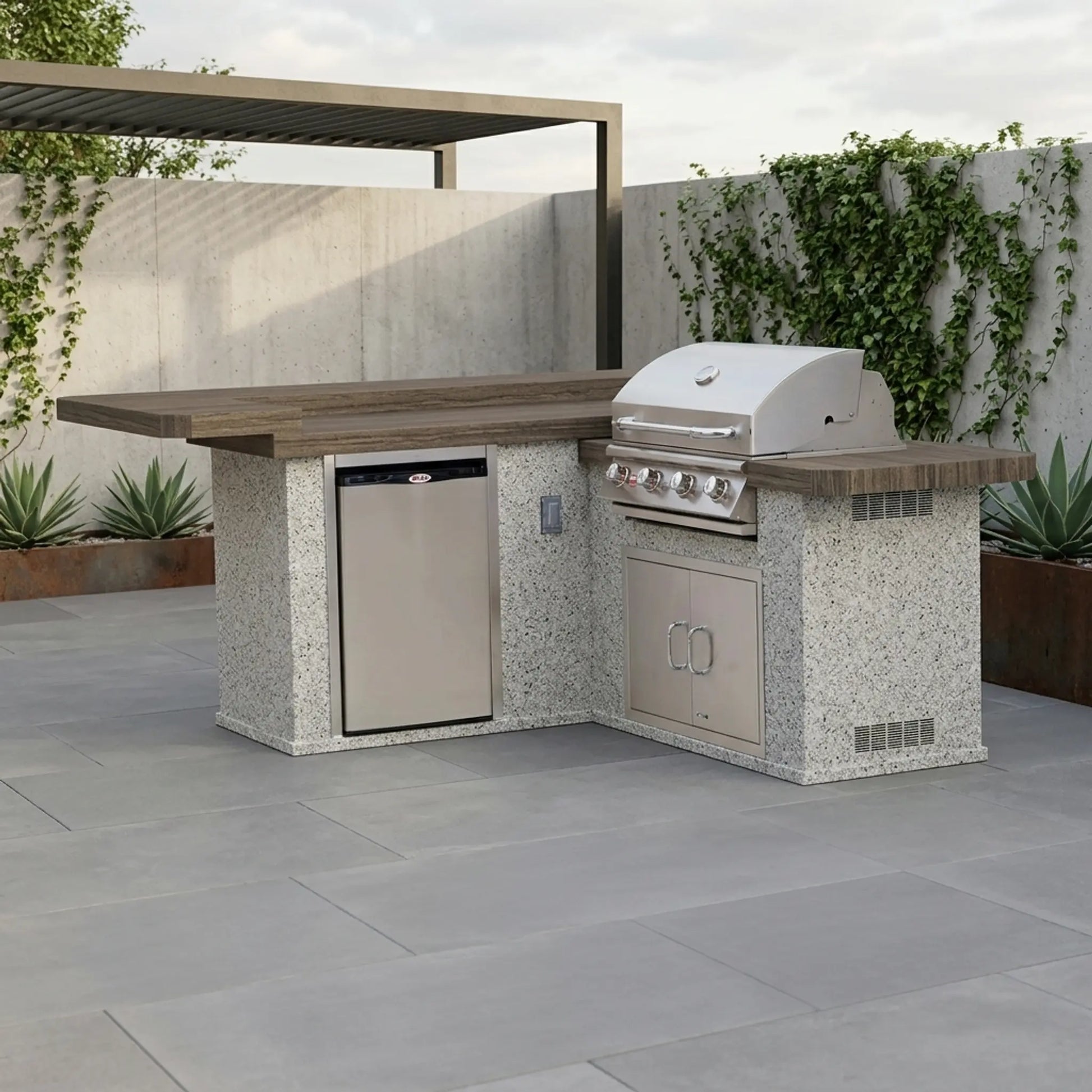 Bull Jr. Gourmet Q 8 Ft L-Shaped BBQ Island - Sterlina Henna tile, Stucco Champagne Gray