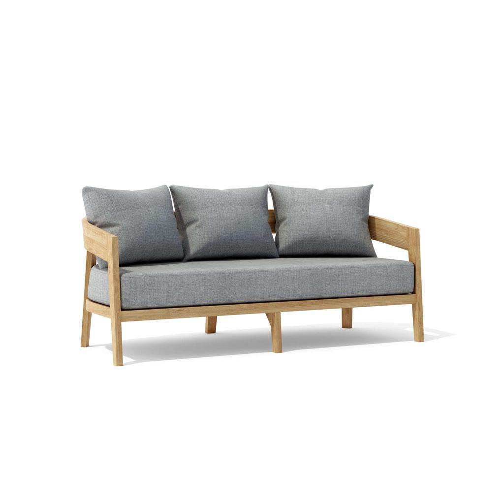 Sofa with wooden frame and gray cushions on a white background