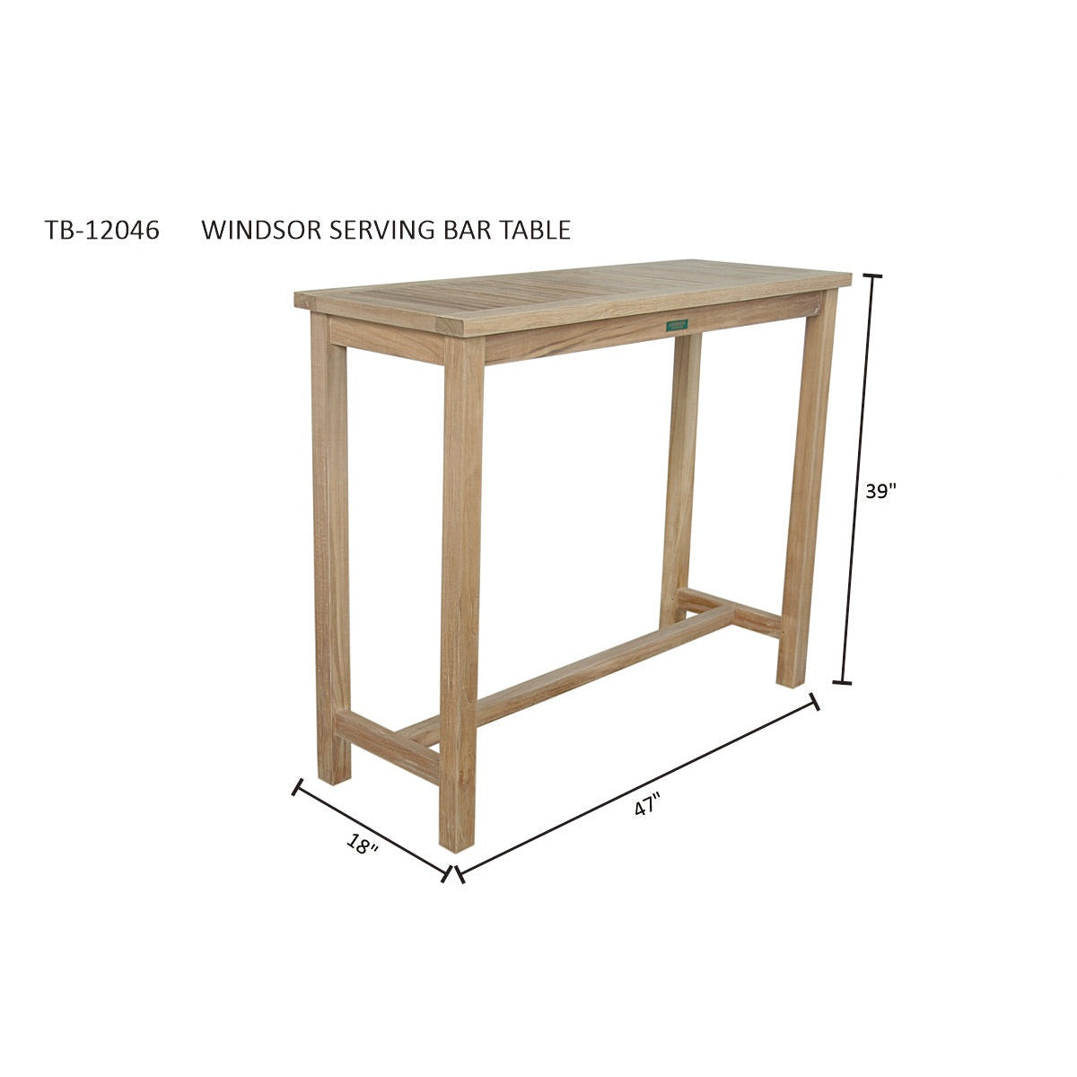 Wooden serving bar table with dimensions on a white background