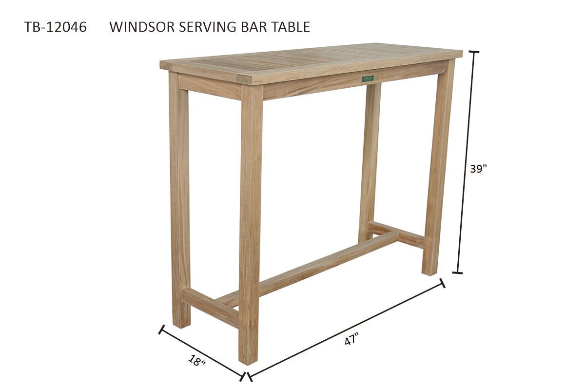 Wooden serving bar table with dimensions on a white background