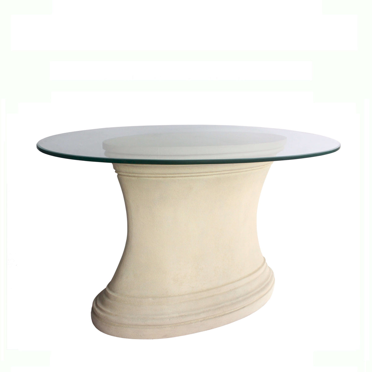 Round glass top table with a beige or light brown base on a white background