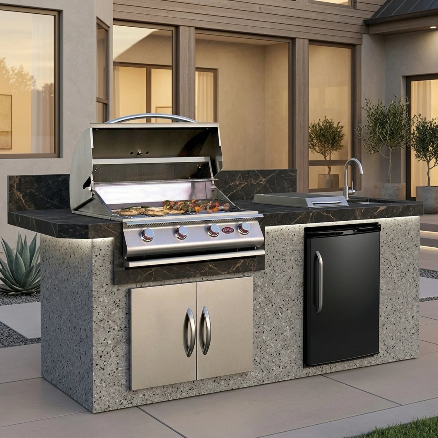 Cal Flame 7 foot BBQ Grill Island with 4-Burner Gas Grill, Rotisserie Kit, Fridge, Side Burner // BetterPatio.com