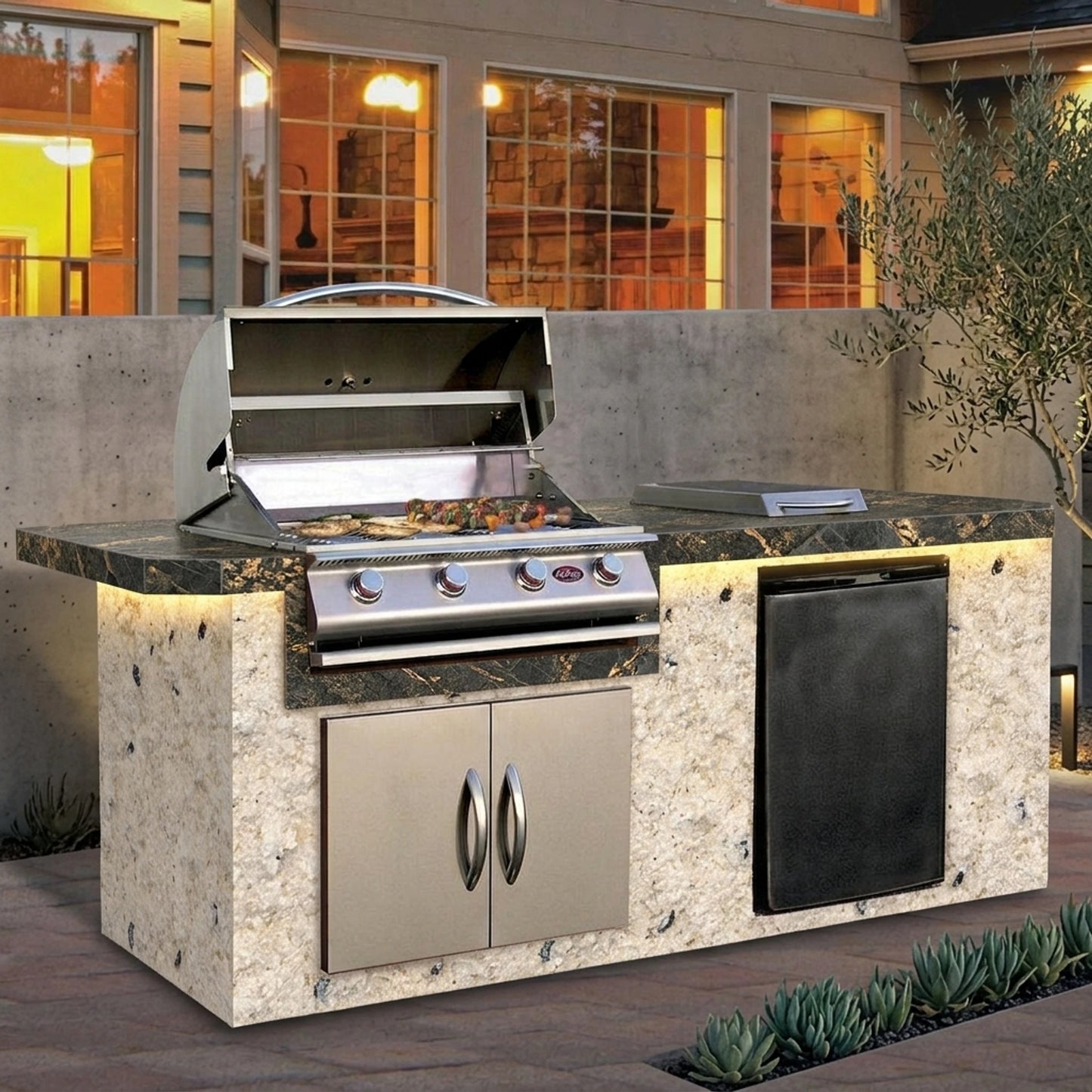 Cal Flame 7 foot BBQ Grill Island with 4-Burner Gas Grill, Rotisserie Kit, Fridge, Side Burner // BetterPatio.com