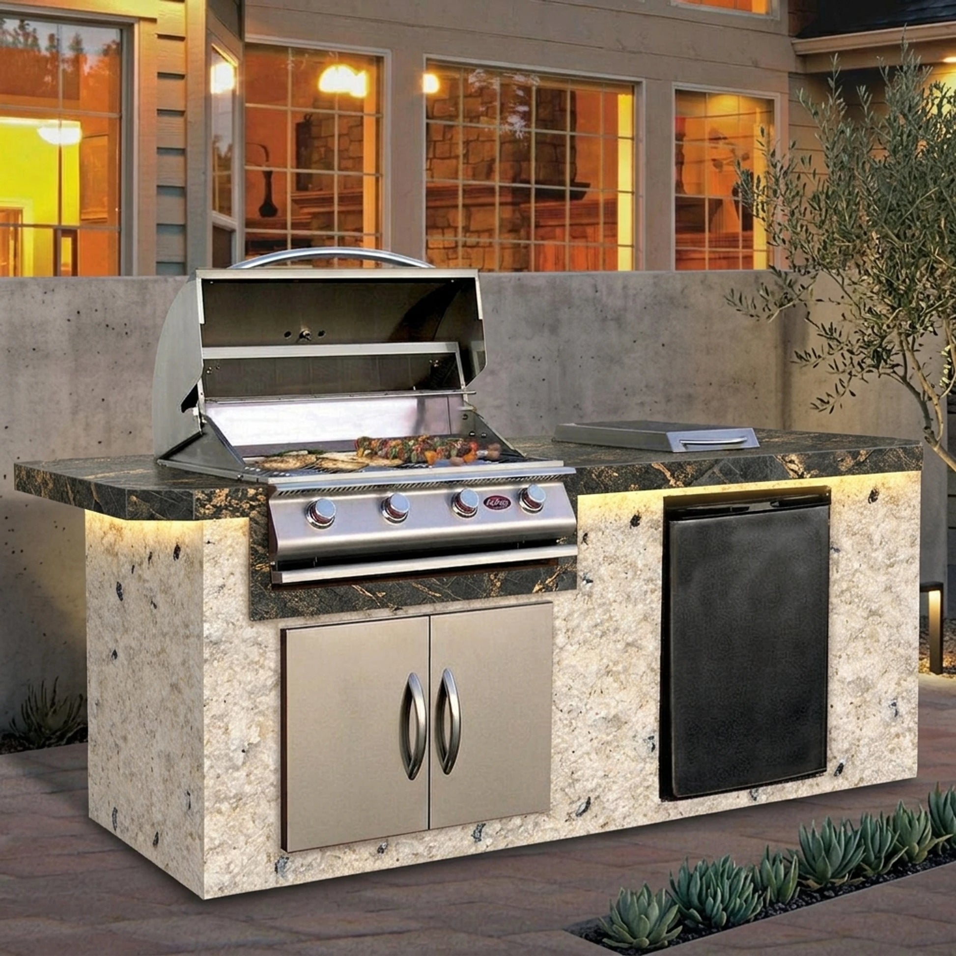 Cal Flame 7 foot BBQ Grill Island with 4-Burner Gas Grill, Rotisserie Kit, Fridge, Side Burner // BetterPatio.com