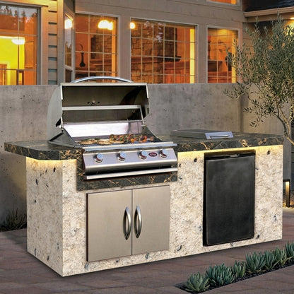 Cal Flame 7 foot BBQ Grill Island with 4-Burner Gas Grill, Rotisserie Kit, Fridge, Side Burner // BetterPatio.com