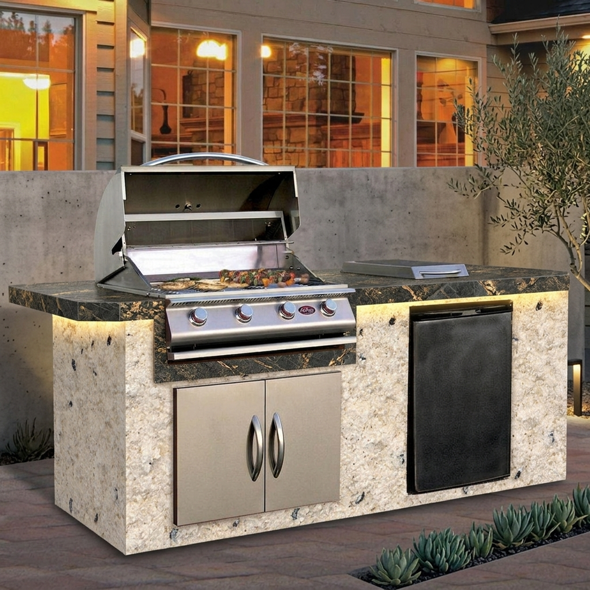 Cal Flame  Baja Q 7 ft. BBQ Grill Island with P4 Four Burner Gas Grill, Fridge, Rotisserie Kit - BBK710