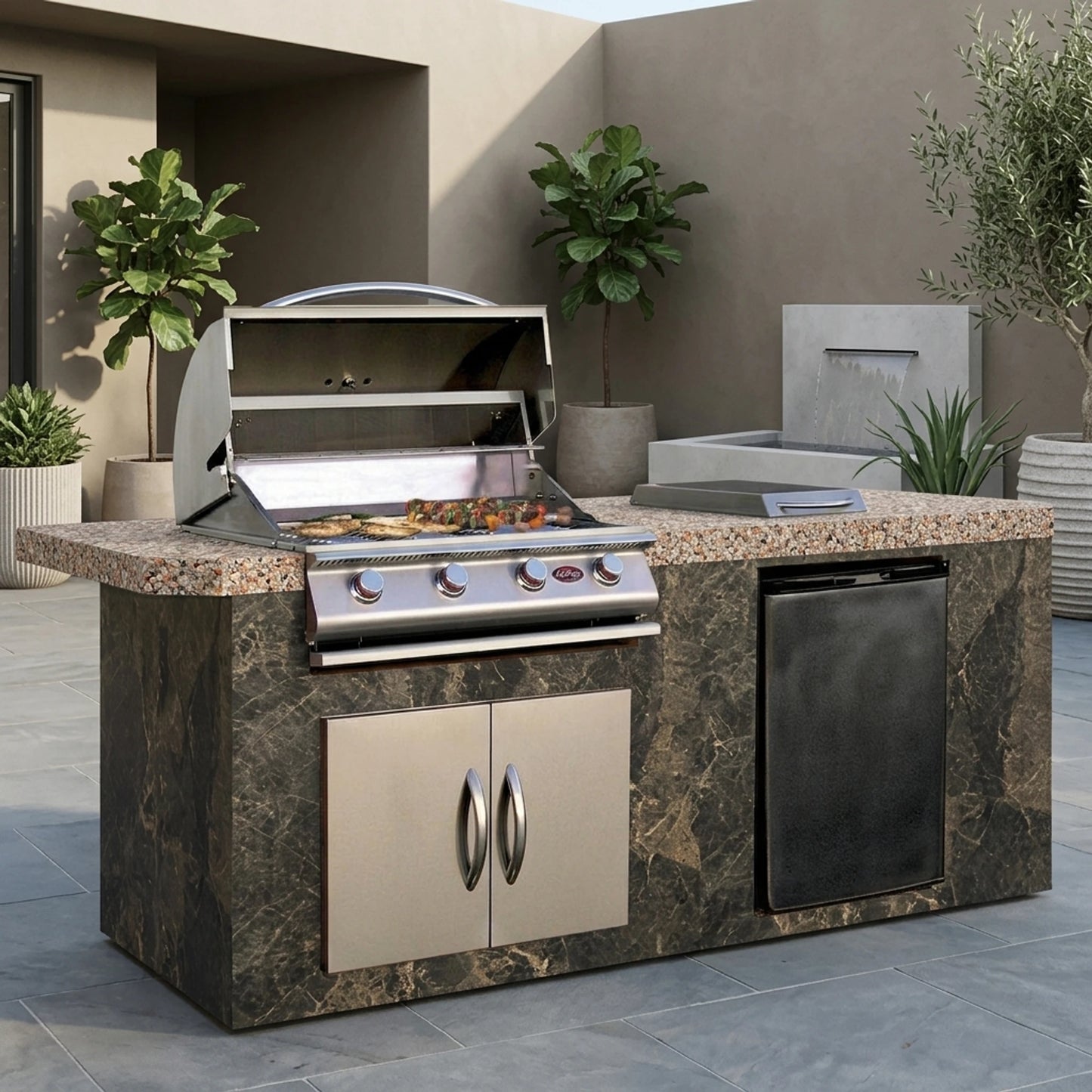 Cal Flame 7 foot BBQ Grill Island with 4-Burner Gas Grill, Rotisserie Kit, Fridge, Side Burner // BetterPatio.com
