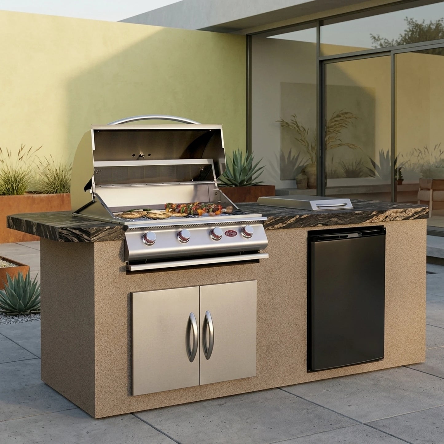 Cal Flame 7 foot BBQ Grill Island with 4-Burner Gas Grill, Rotisserie Kit, Fridge, Side Burner // BetterPatio.com
