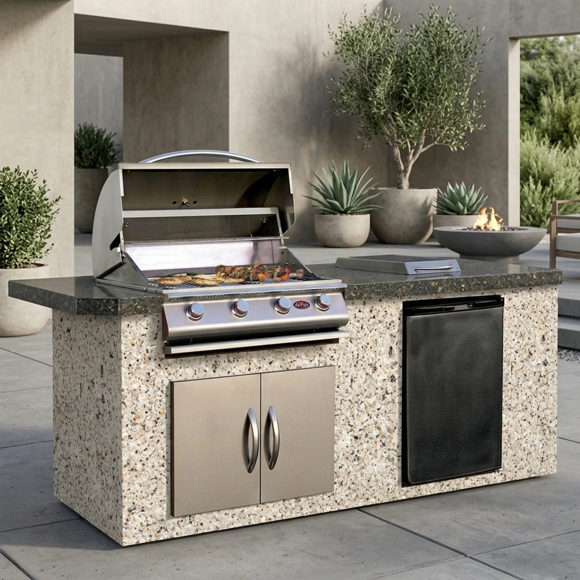 Cal Flame 7 foot BBQ Grill Island with 4-Burner Gas Grill, Rotisserie Kit, Fridge, Side Burner // BetterPatio.com