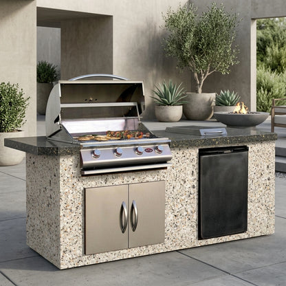 Cal Flame 7 foot BBQ Grill Island with 4-Burner Gas Grill, Rotisserie Kit, Fridge, Side Burner // BetterPatio.com