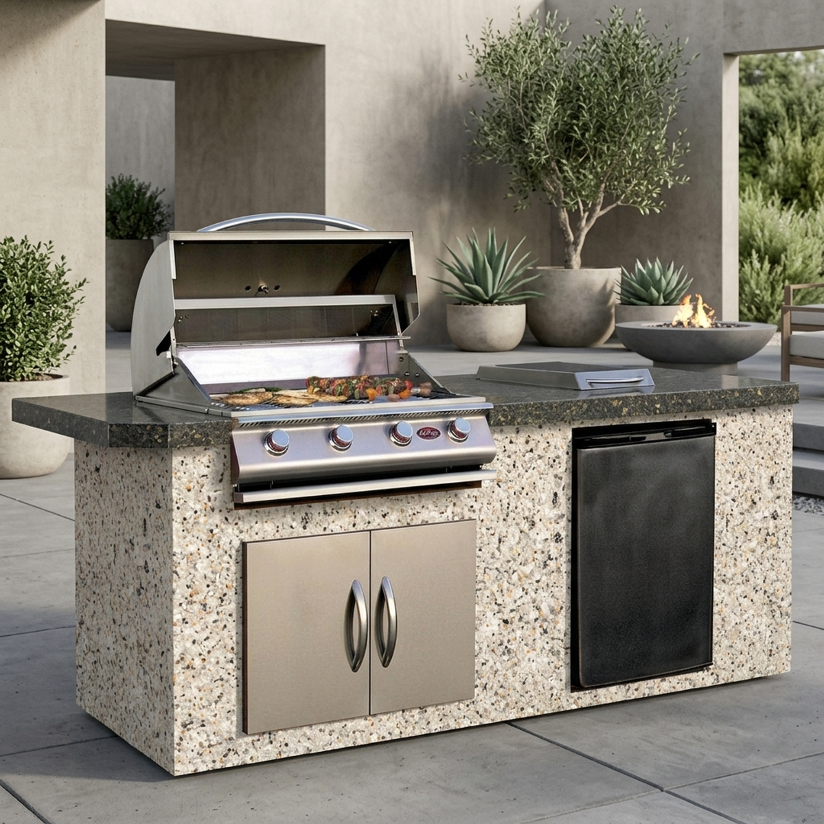 Cal Flame  Baja Q 7 ft. BBQ Grill Island with P4 Four Burner Gas Grill, Fridge, Rotisserie Kit - BBK710