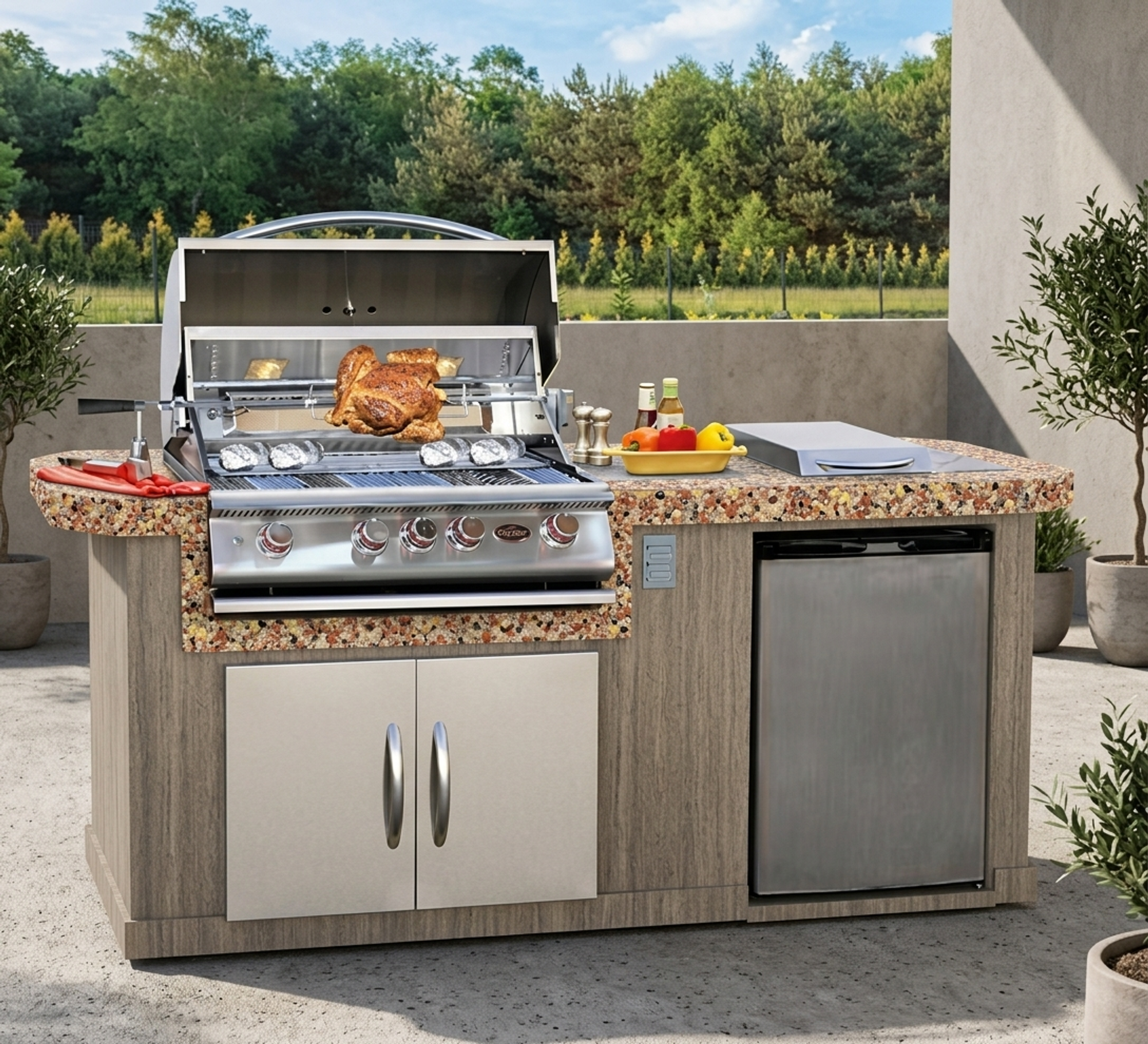 Cal Flame 7 foot Cultured Stone Grill Island with 4-Burner Gas Grill