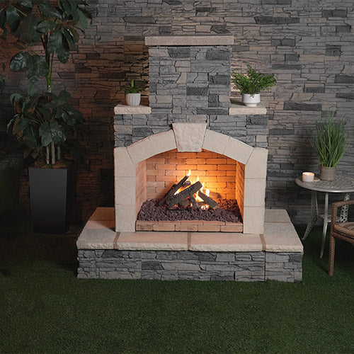 Cal Flame Outdoor Gas Fireplace with Gray Stacked Stone and Wrap Around Mantle FRP-908-3-GS Cal Flame
