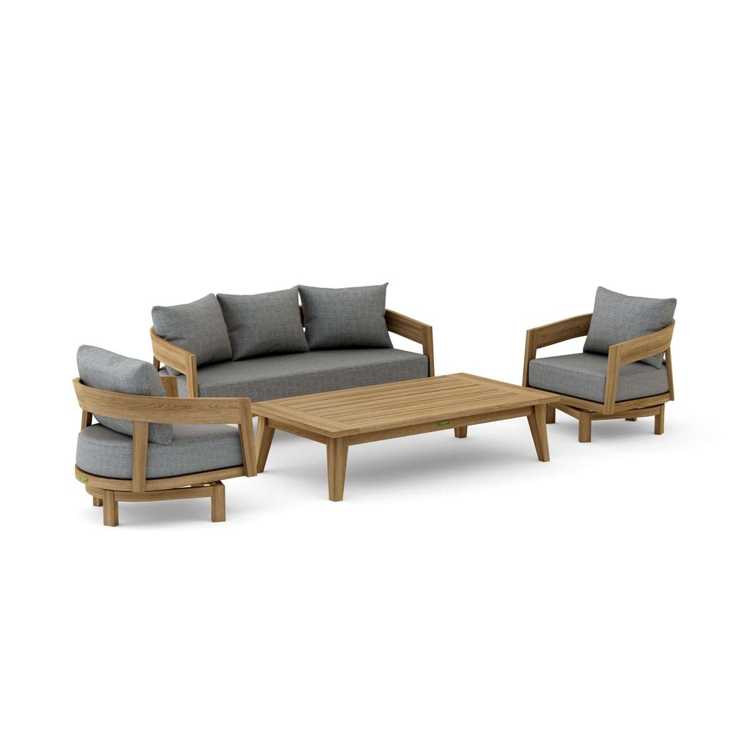 Outdoor furniture set with wooden sofa, chairs, and table on a white background