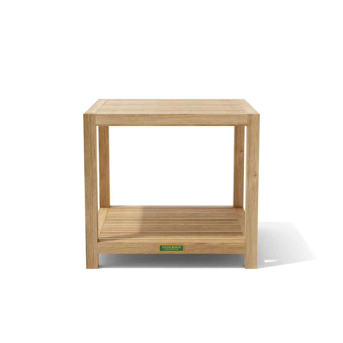 Wooden side table with a brand label on a white background