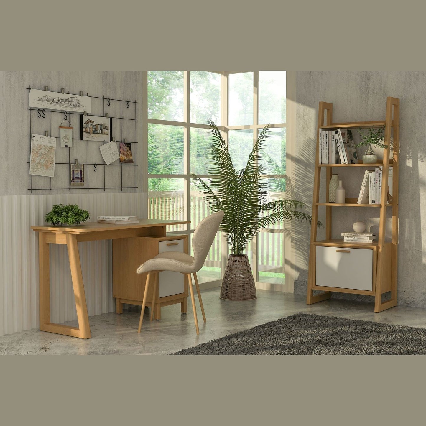Home office with wooden desk, chair, and bookshelf in a room with large windows.