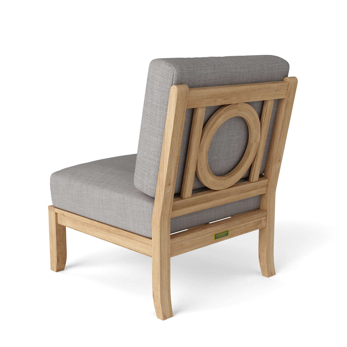 Chair with wooden frame and gray cushion on a white background