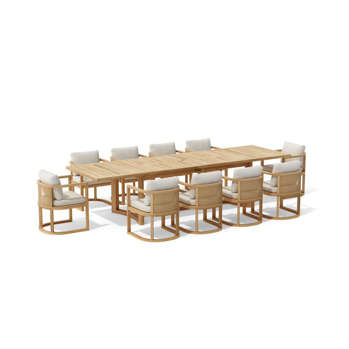 Anderson Teak Junus Dining Extension Table - angled view of teak outdoor dining table with leaf