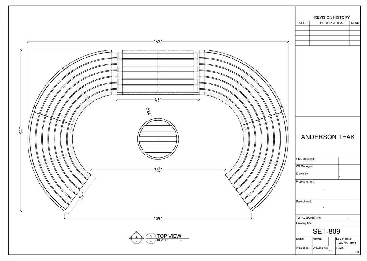 Technical drawing of a circular outdoor seating area with dimensions and labels.