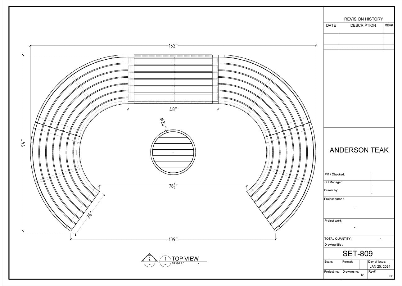 Technical drawing of a circular outdoor seating area with dimensions and labels.