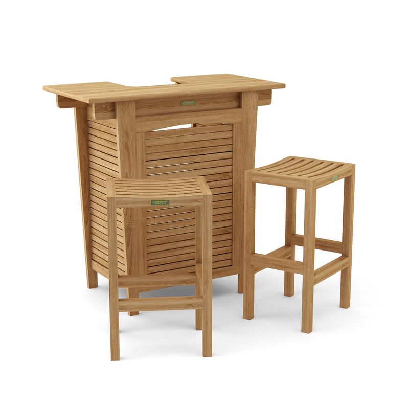 Wooden outdoor furniture set with a bar and stools on a white background