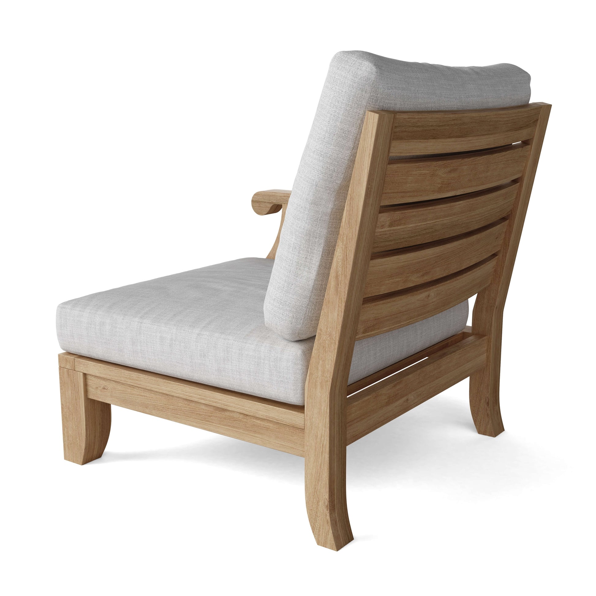Wooden armchair with gray cushions on a white background