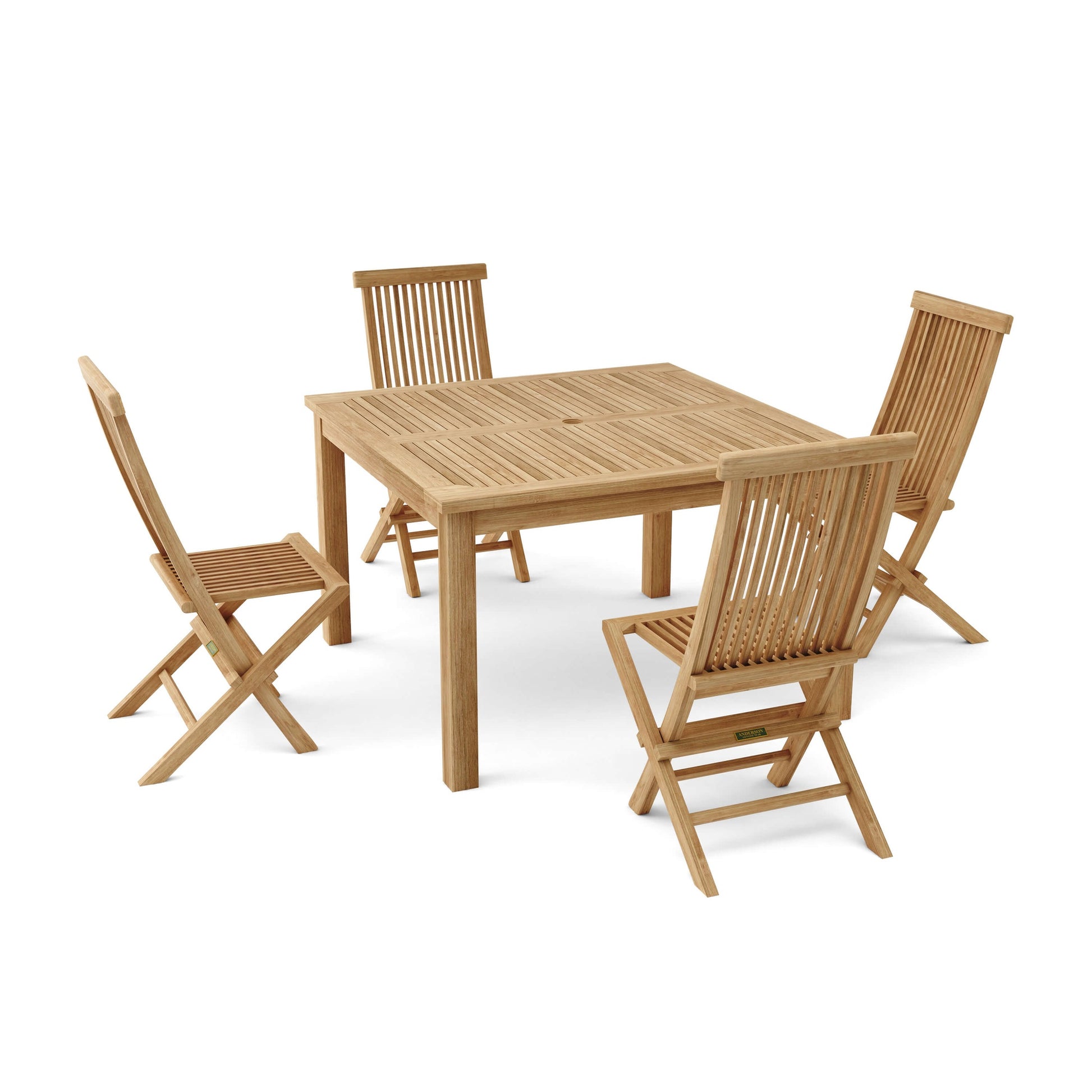 Wooden outdoor table with four matching chairs on a white background