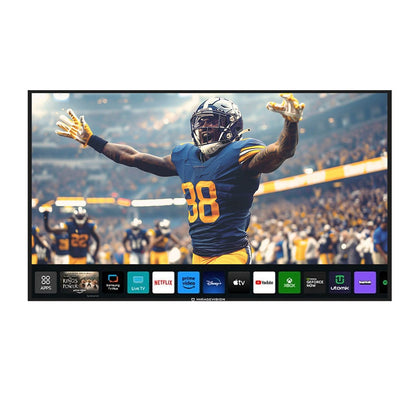 Smart TV displaying a football player in action with streaming app icons at the bottom.