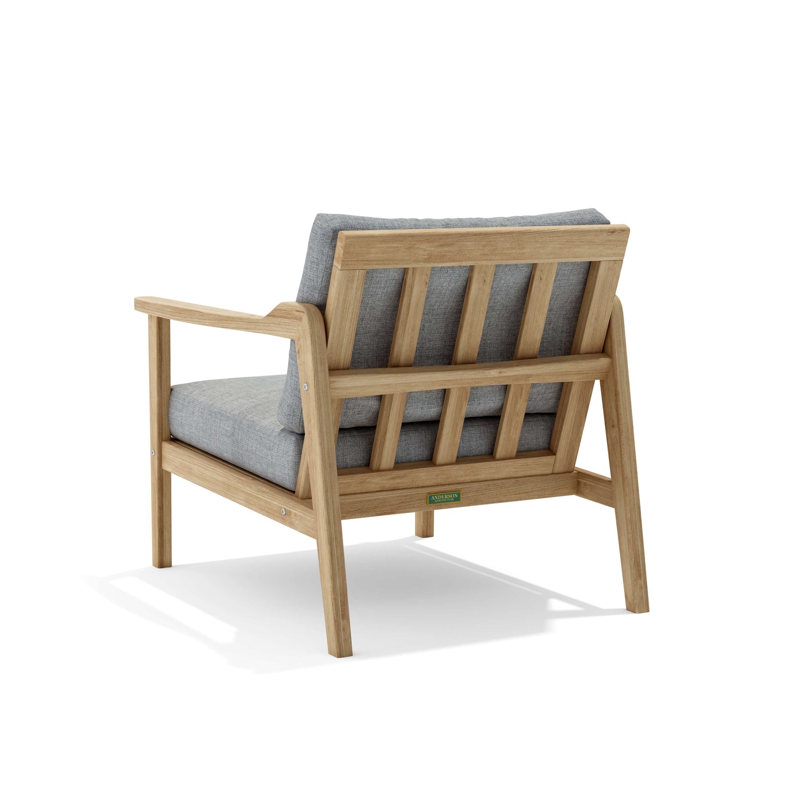 Wooden armchair with gray cushions on a white background