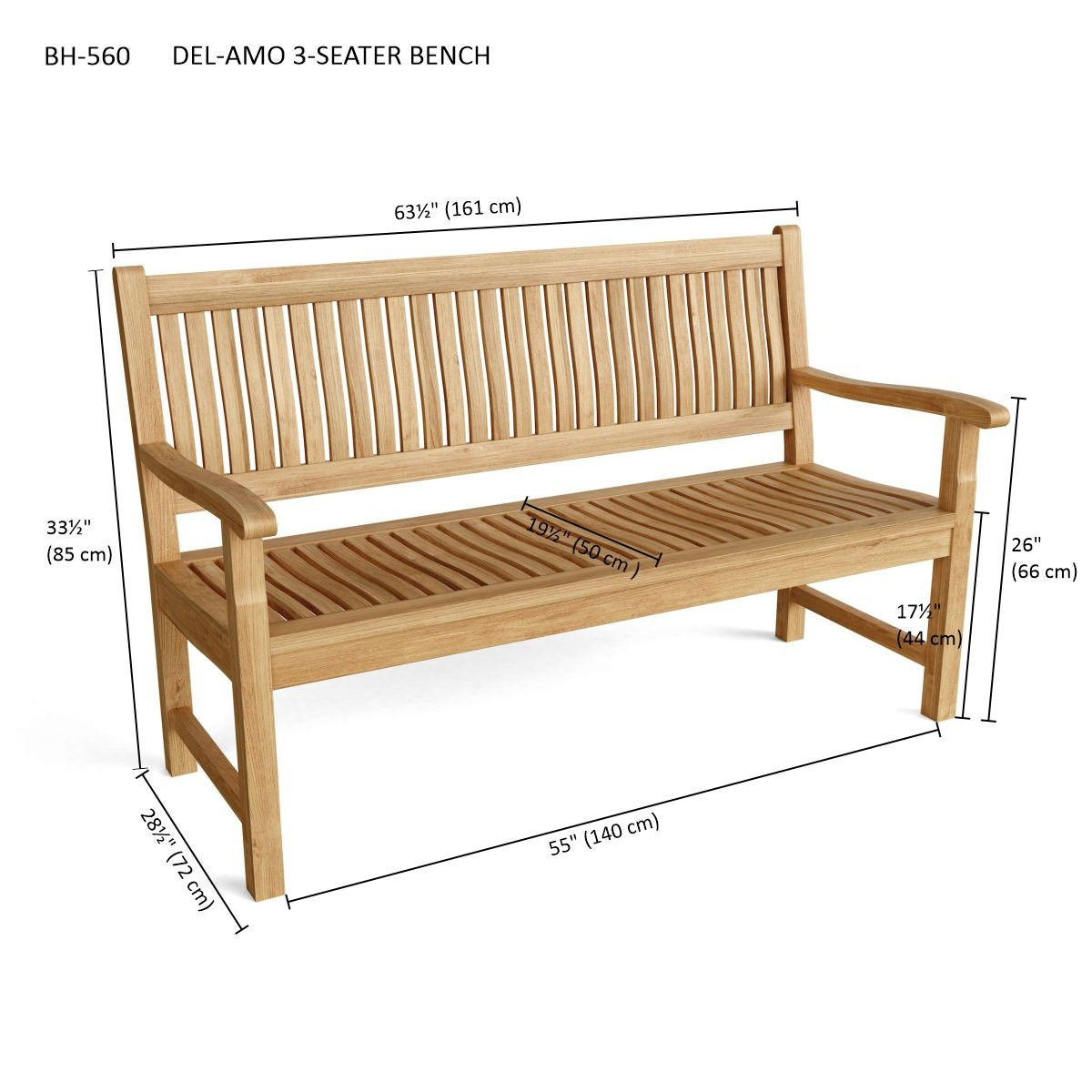 Wooden bench with dimensions labeled on a white background