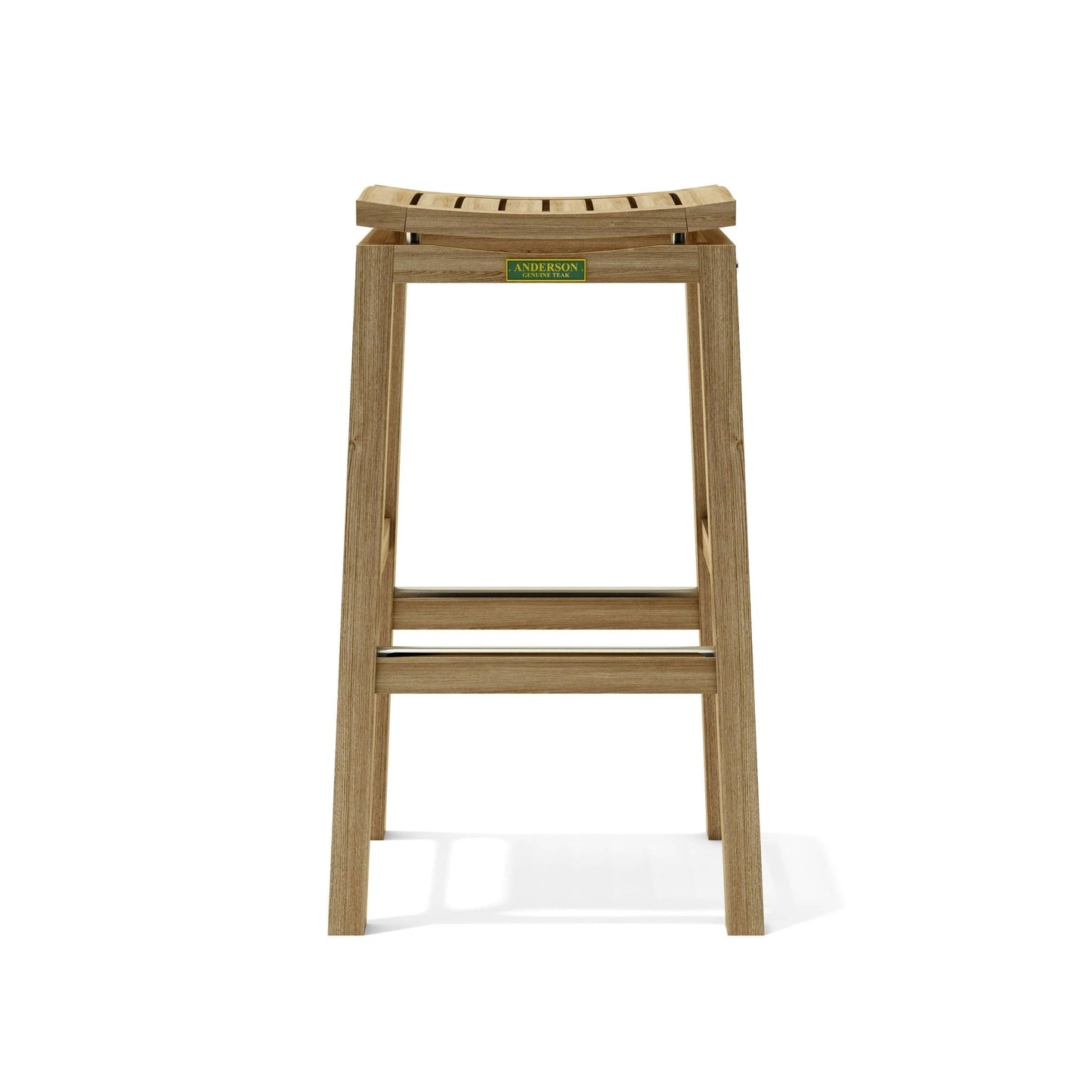 Wooden bar stool with a brand label on a white background