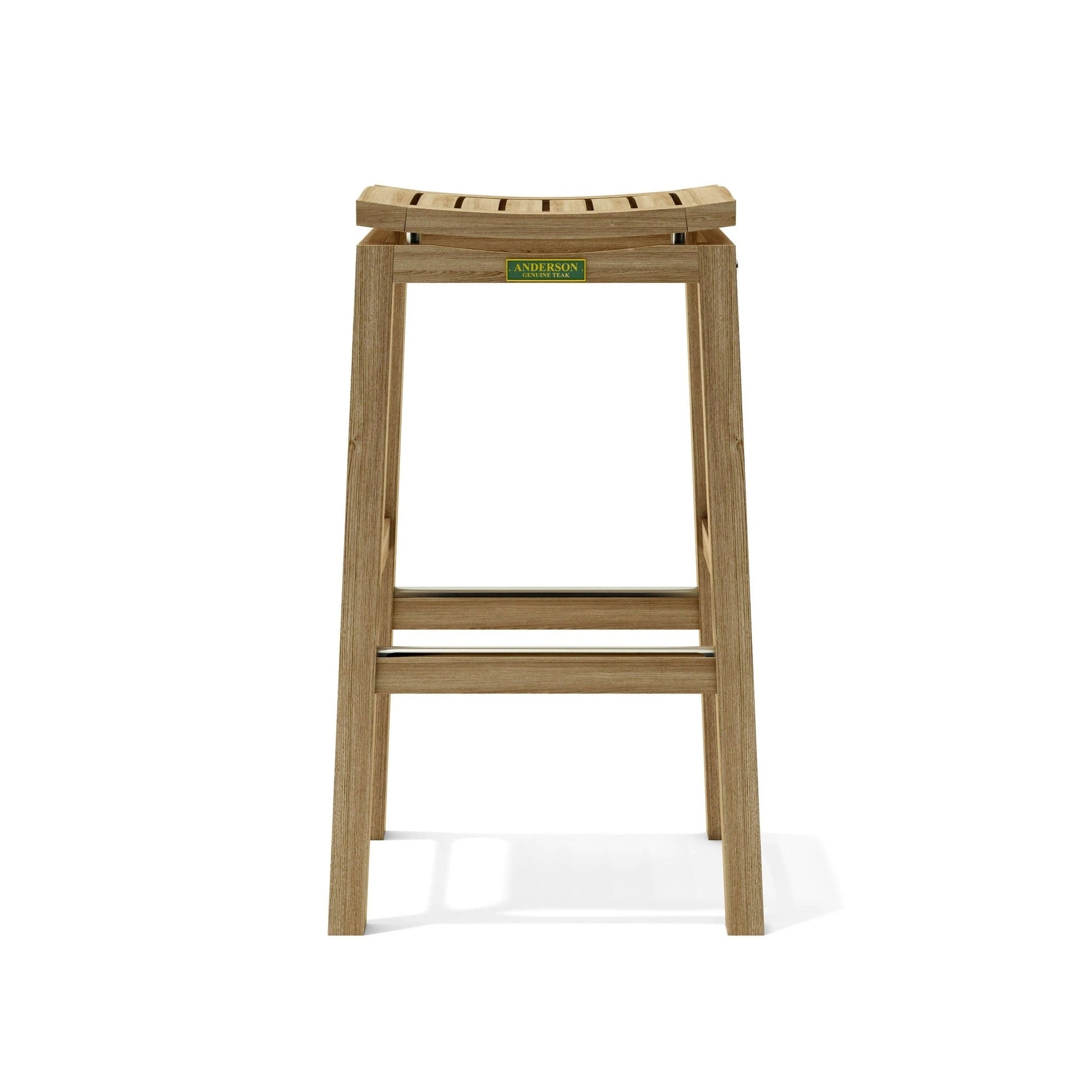 Wooden bar stool with a brand label on a white background