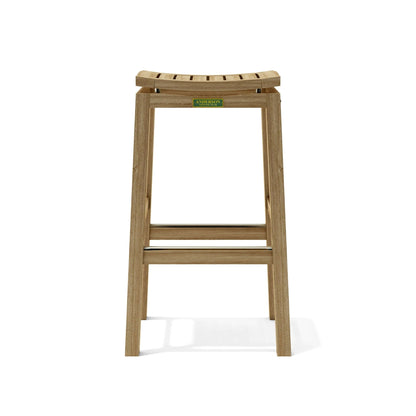 Wooden bar stool with a brand label on a white background