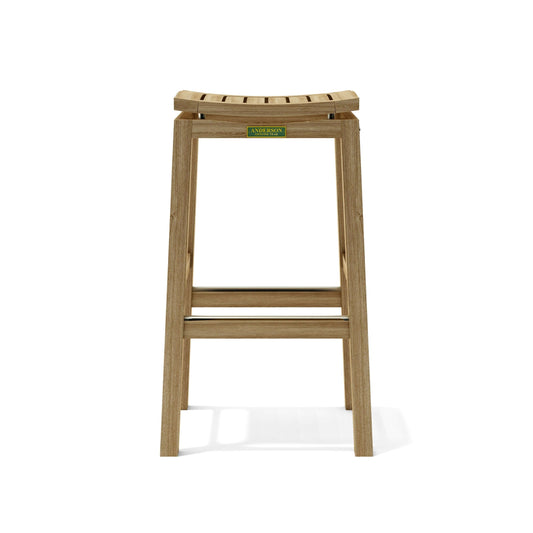 Wooden bar stool with a brand label on a white background
